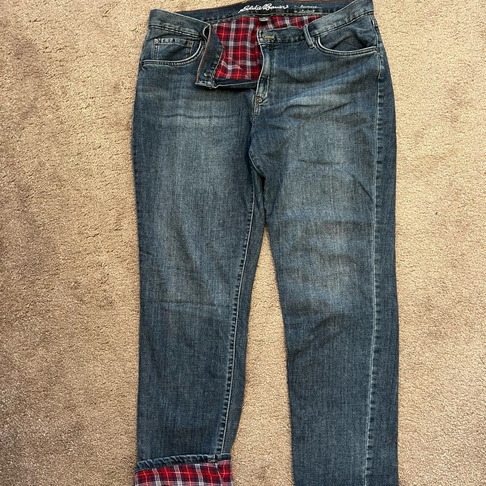 Women’s Eddie Bauer Blue Jeans with Red Plaid Flannel Lining